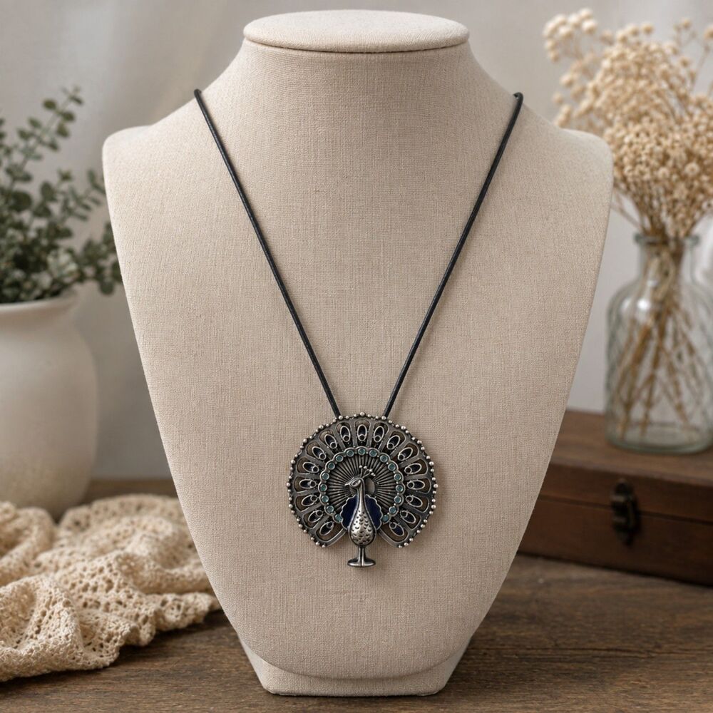 Peacock Pendant Necklace, Silver Tone Statement Necklace, Boho Bird Necklace